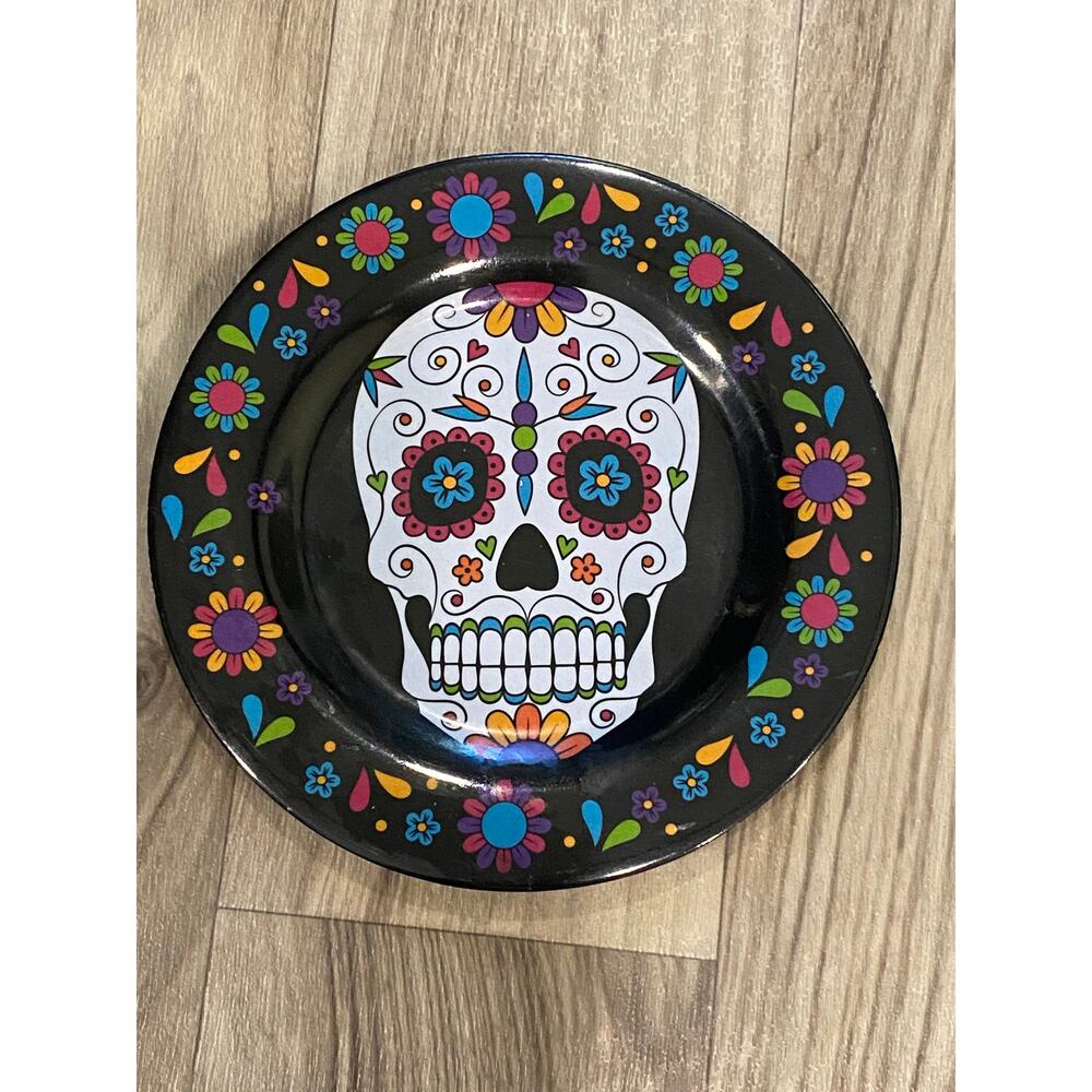 Pair of Black Sugar‎ Skull Heavy Melamine  7-1/2" Snack Plates